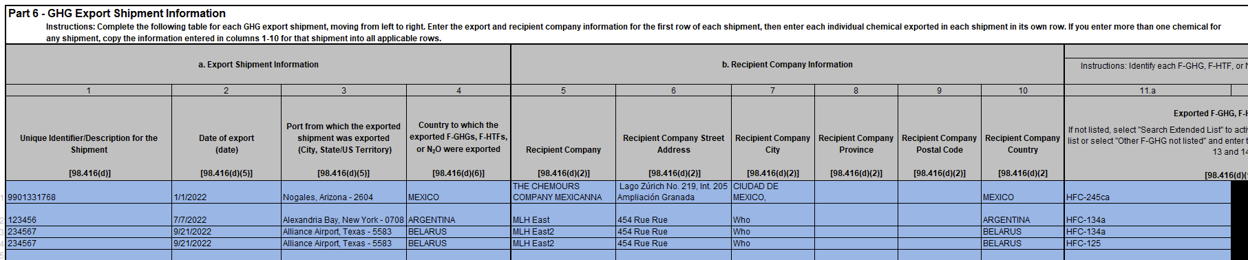 Image of part 6 of the GHG Export Shipment Information.